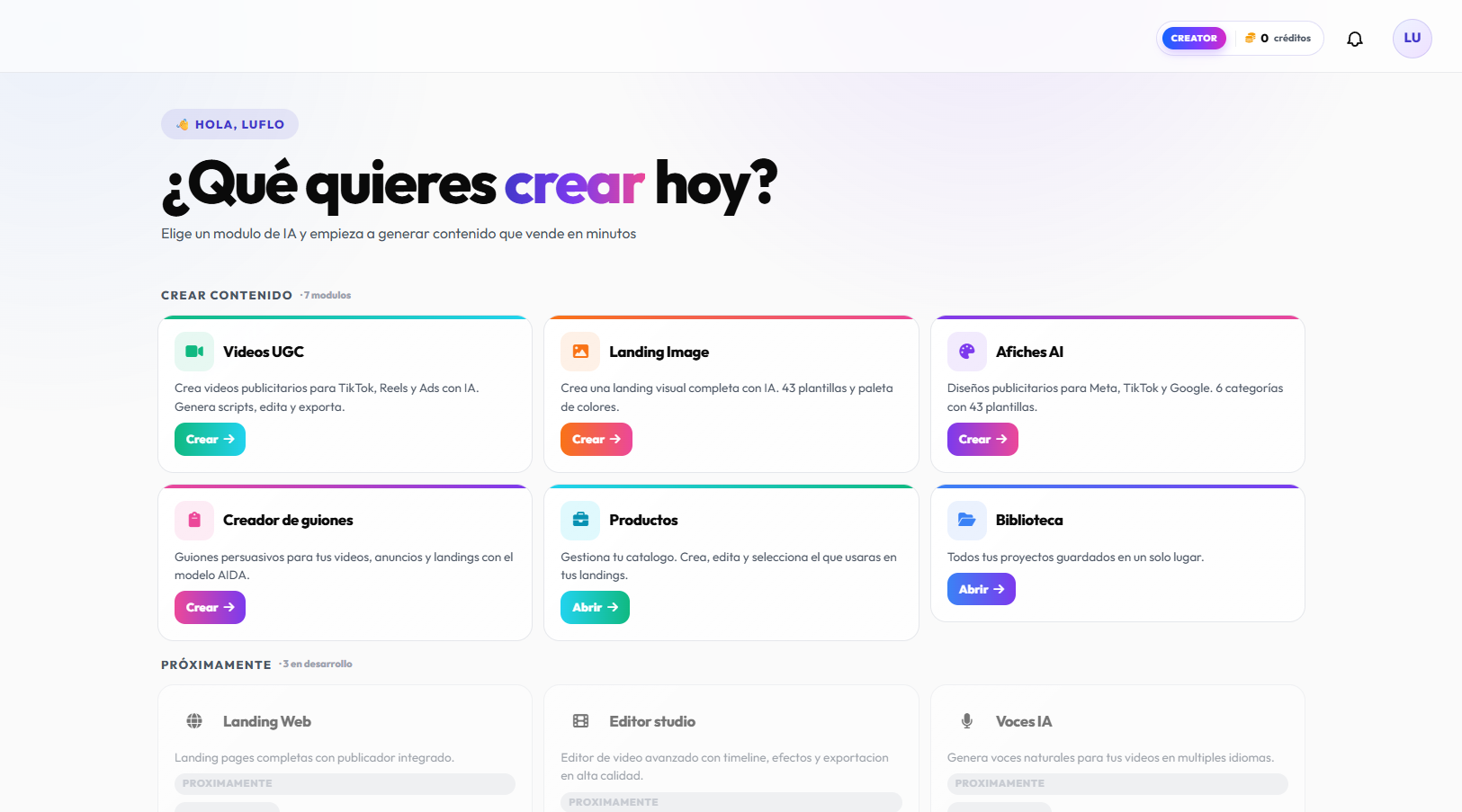 Vista del panel de Luflo AI
